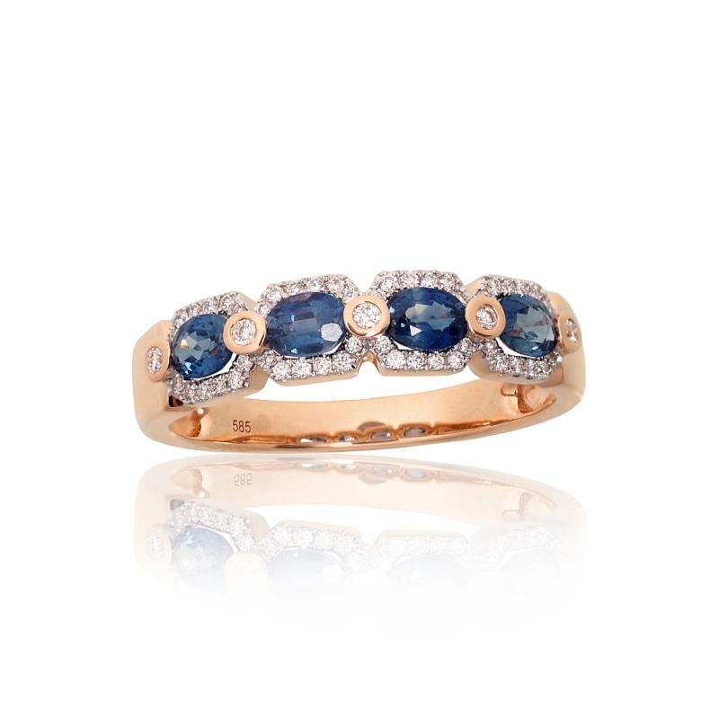 Gold ring, Red Gold 585°, Rhodium (Plating), Diamonds, Sapphire