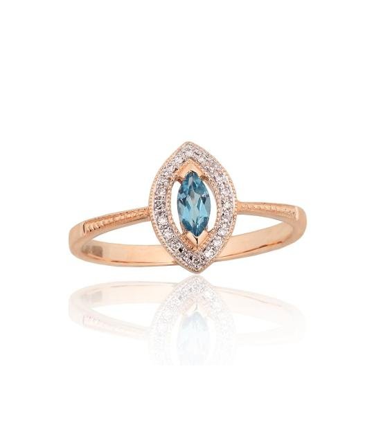 Gold ring, Red Gold 585°, Rhodium (Plating), Diamonds, Blue Topaz