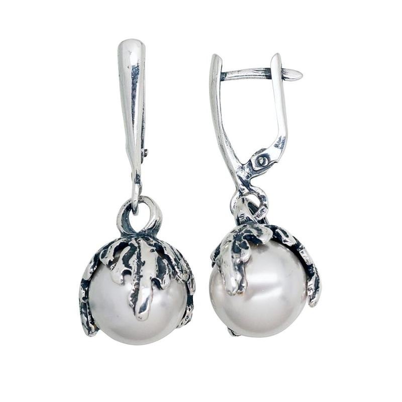 Серебряные серьги на английском замке, Серебро 925°, оксид (покрытие), Жемчуг (синт.)
