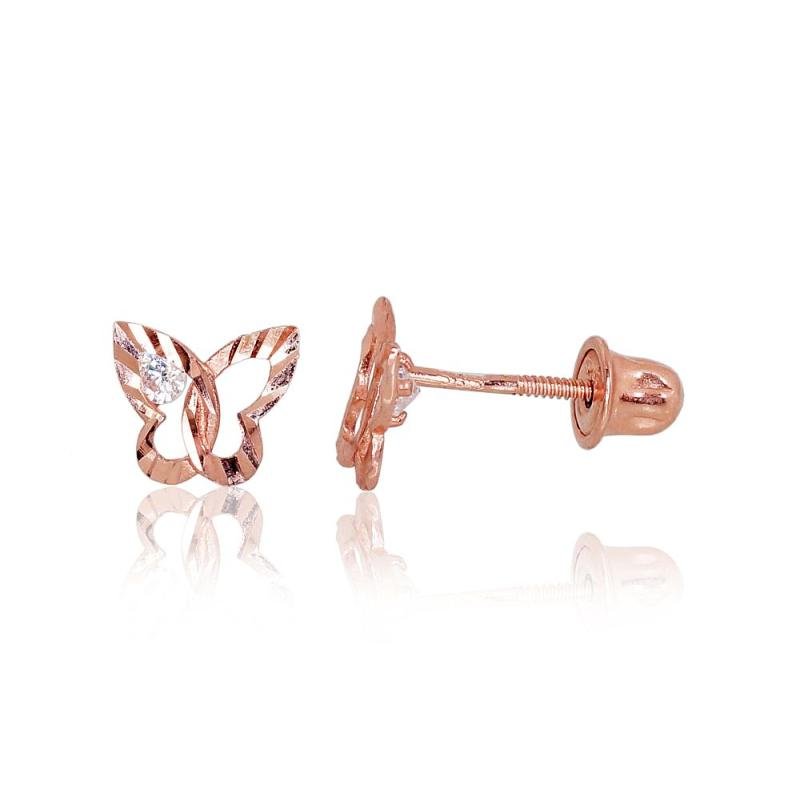 Золотые серьги-пуссеты с винтами, Красное Золото 585°, Цирконы