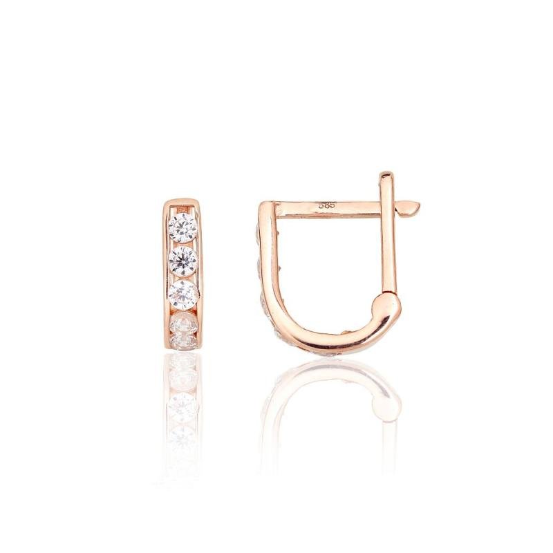 Gold earrings with 'english' lock, Red Gold 585°, Zirkons