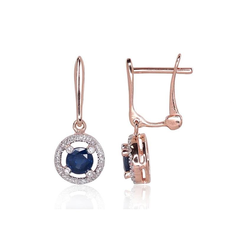 Gold earrings with 'english' lock, Red Gold 585°, Rhodium (Plating), Diamonds, Sapphire