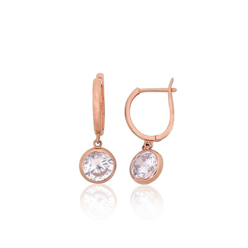 Золотые серьги на английском замке, Красное Золото 585°, Цирконы