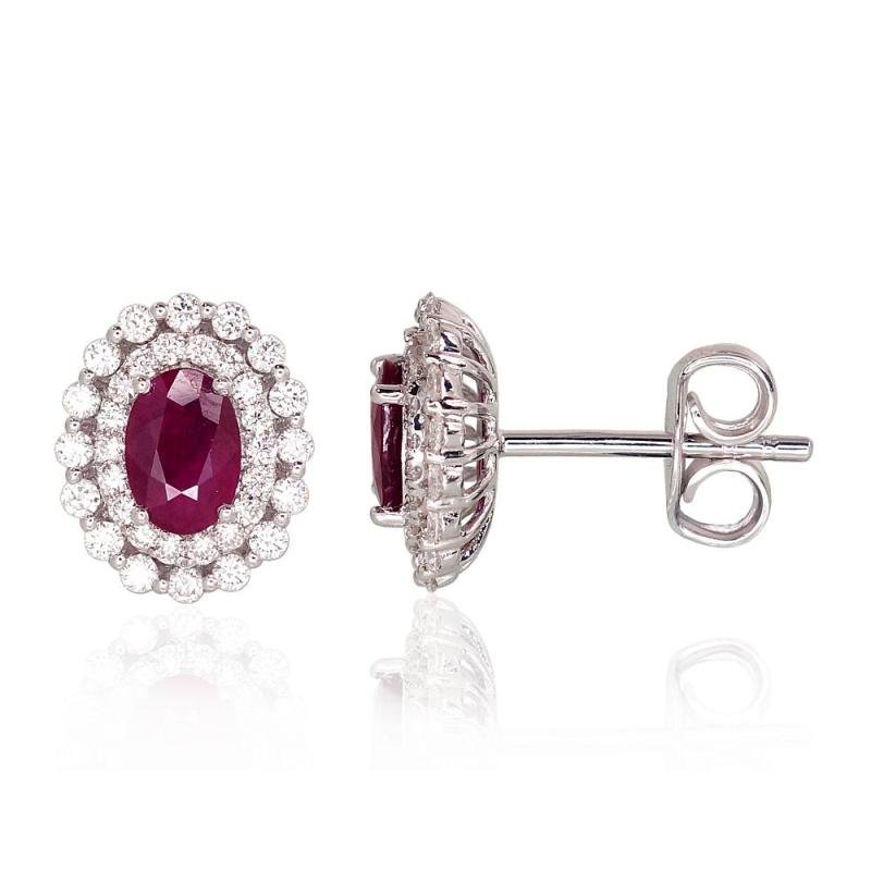 Gold classic studs earrings, White Gold 585°, Diamonds, Ruby