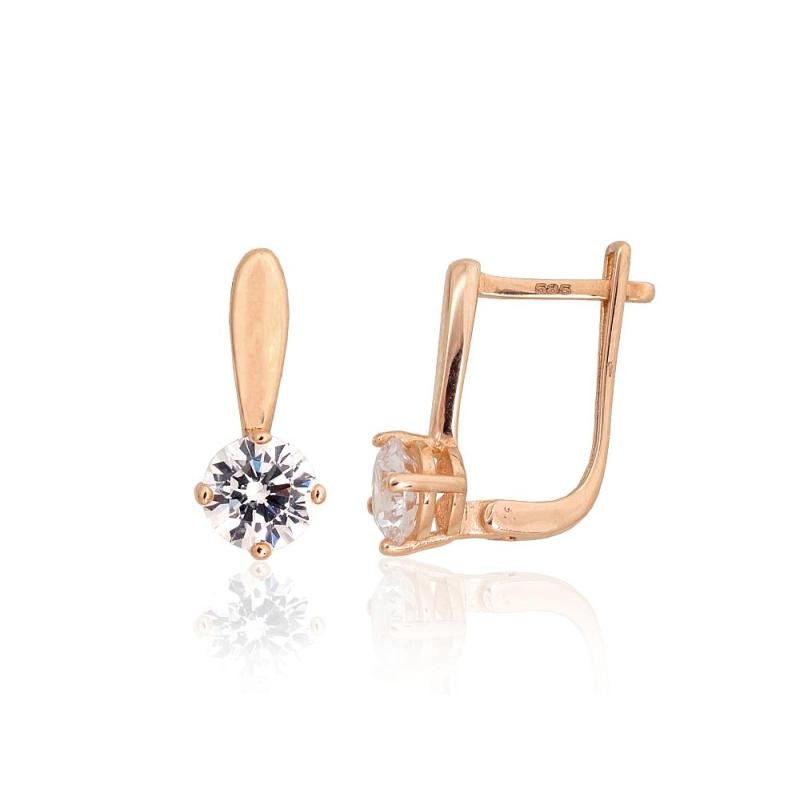 Золотые серьги на английском замке, Красное Золото 585°, Цирконы