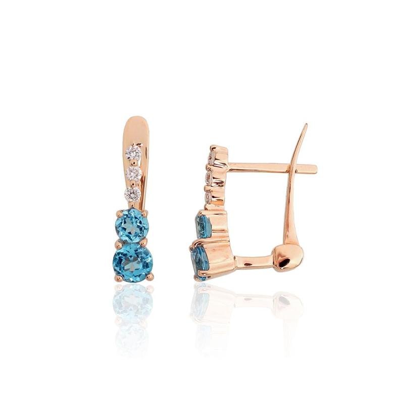 Gold earrings with 'english' lock, Red Gold 585°, Diamonds, Blue Topaz