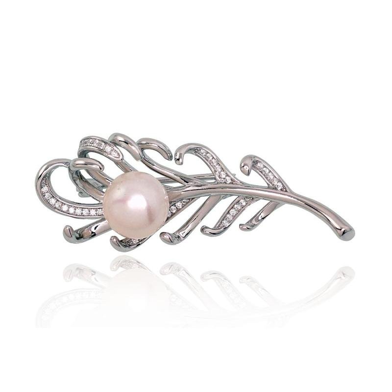 Silver brooch, Silver 925°, Rhodium (Plating), Zirkons, Fresh-water Pearl