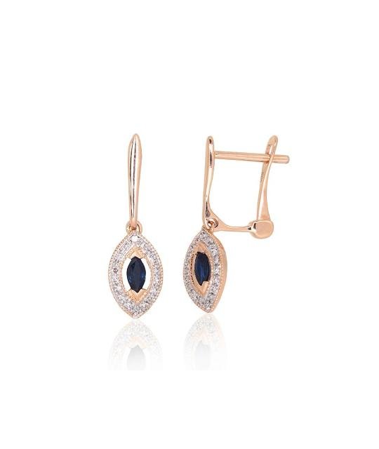 Gold earrings with 'english' lock, Red Gold 585°, Rhodium (Plating), Diamonds, Sapphire