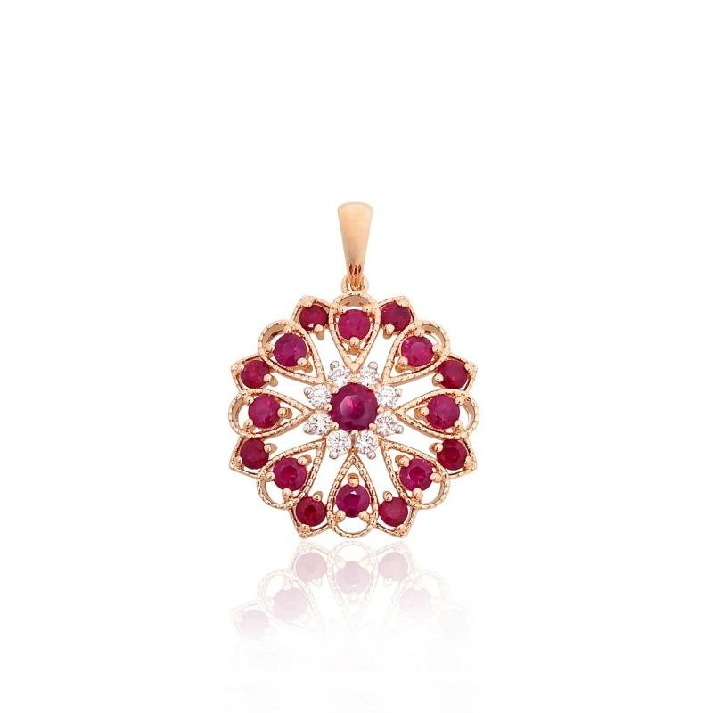 Gold pendant, Red Gold 585°, Rhodium (Plating), Diamonds, Ruby