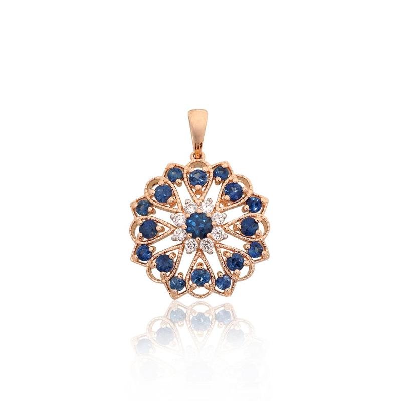 Золотой кулон, Красное Золото 585°, родий (покрытие), Бриллианты, Сапфир