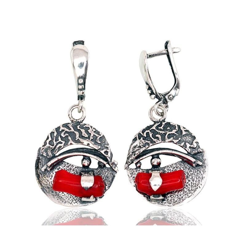 Серебряные серьги на английском замке, Серебро 925°, оксид (покрытие), Коралл