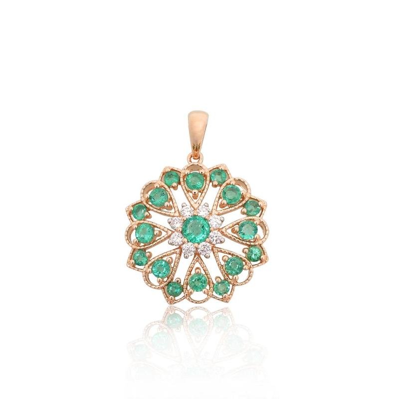 Gold pendant, Red Gold 585°, Rhodium (Plating), Diamonds, Emerald