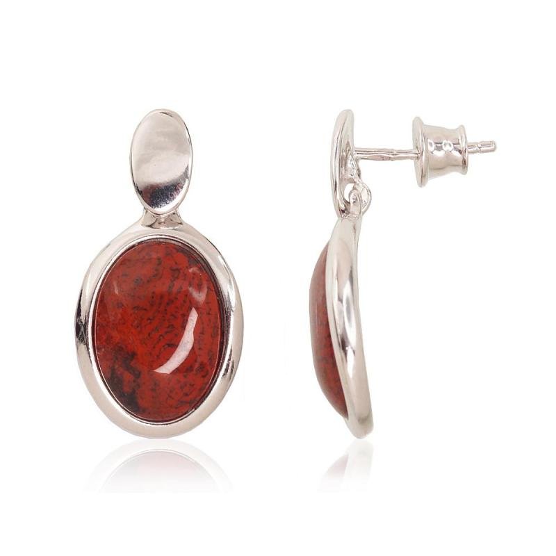 Silver stud earrings, Silver 925°, Rhodium (Plating), Jasper