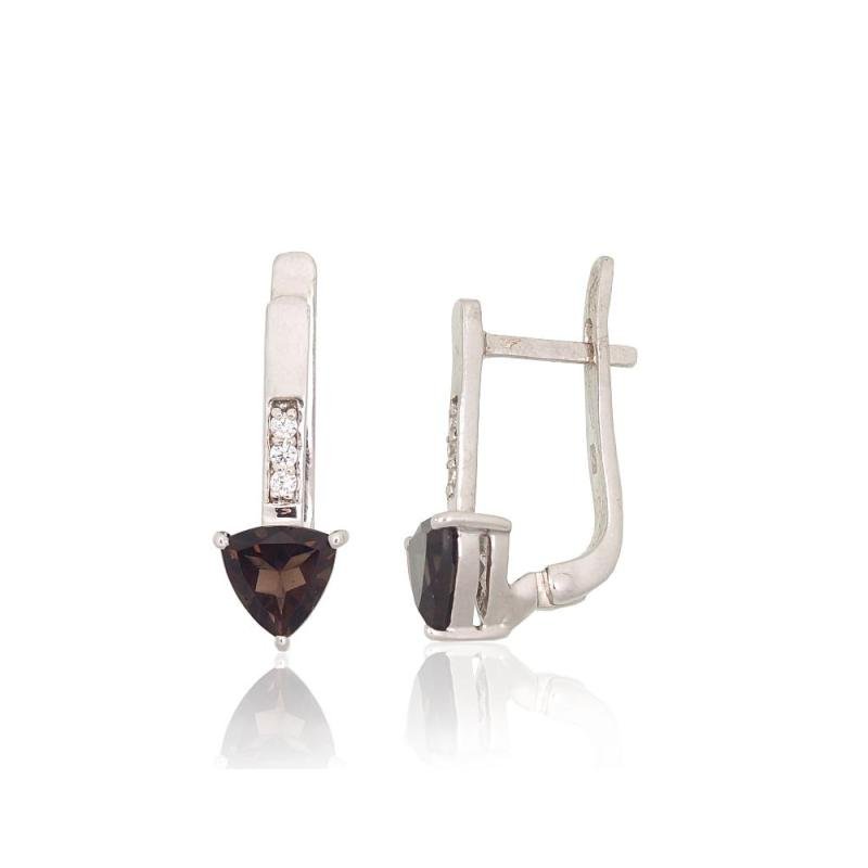 Серебряные серьги, Серебро 925°, родий (покрытие), Цирконы, Дымчатый кварц