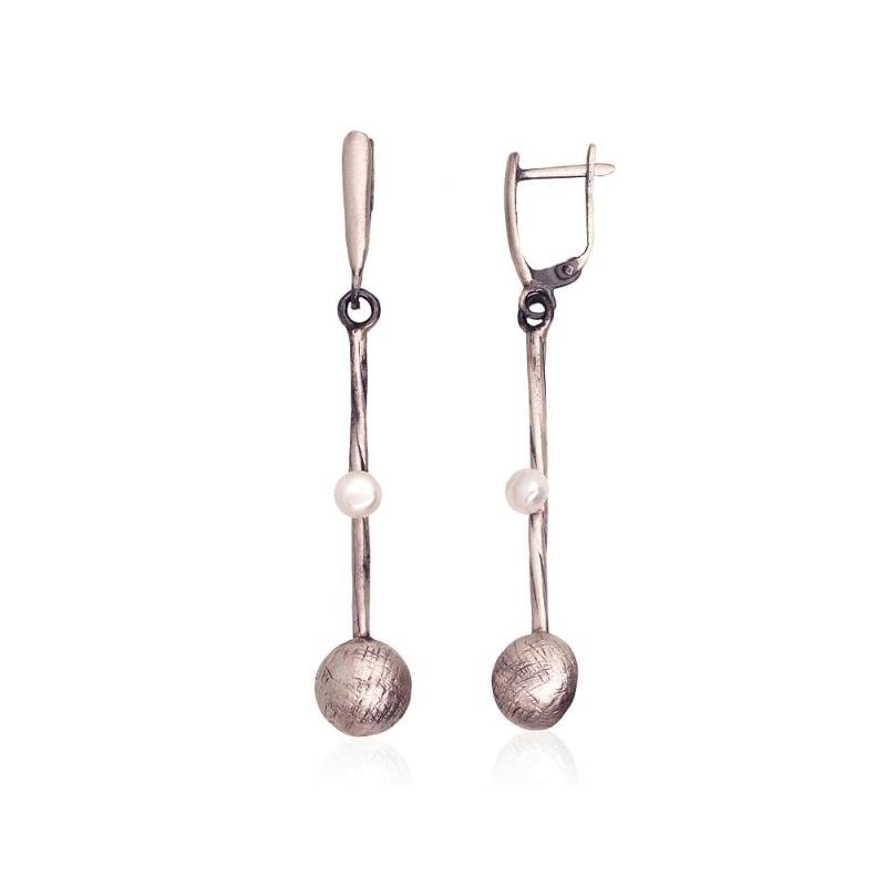 Серебряные серьги, Серебро 925°, оксид (покрытие), Жемчуг