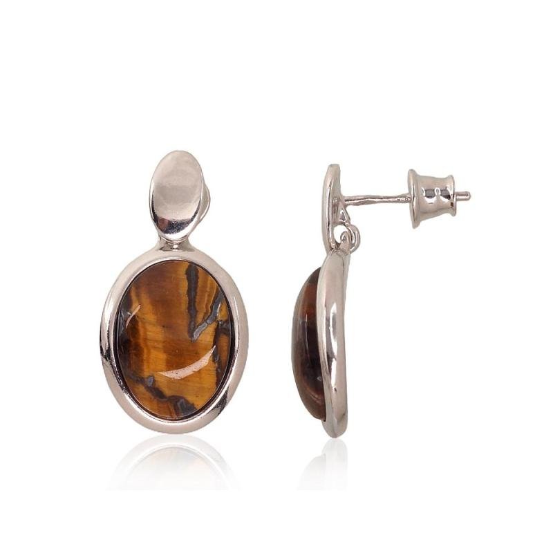 Silver stud earrings, Silver 925°, Rhodium (Plating), Tiger eye
