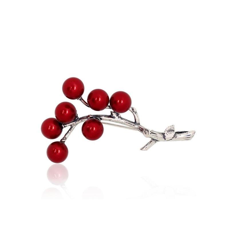 Серебряная брошь, Серебро 925°, оксид (покрытие), Жемчуг (Имитация)