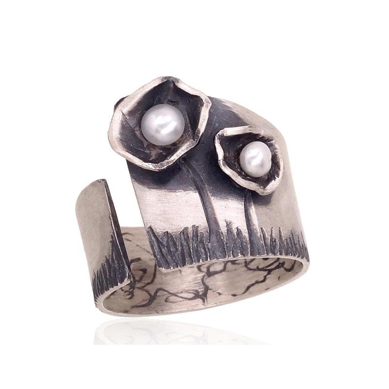 Silver ring, Silver 925°, oxide (Plating), Fresh-water Pearl