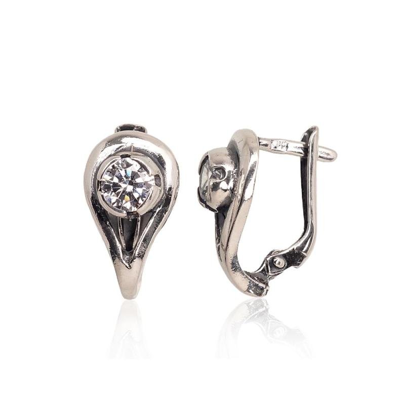 Silver earrings with 'english' lock, Silver 925°, oxide (Plating), Zirkons
