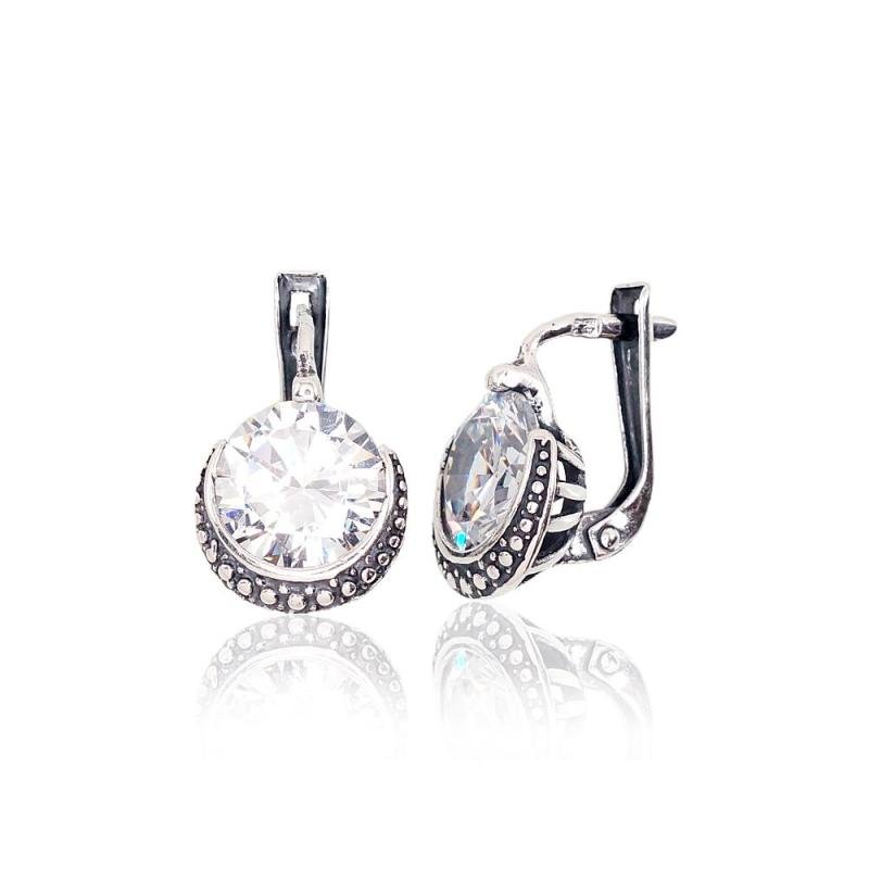 Silver earrings with 'english' lock, Silver 925°, oxide (Plating), Zirkons