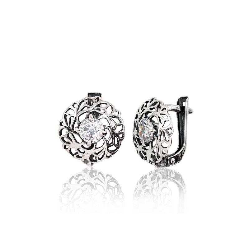 Серебряные серьги на английском замке, Серебро 925°, оксид (покрытие), Цирконы