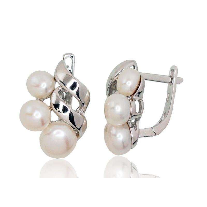 Silver earrings with 'english' lock, Silver 925°, Rhodium (Plating), Fresh-water Pearl