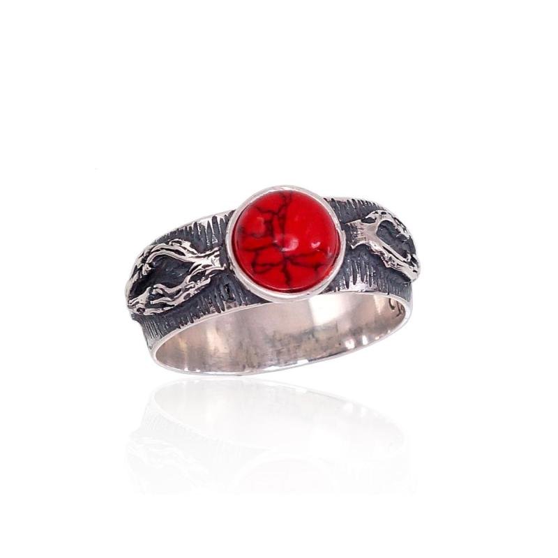 Silver ring, Silver 925°, oxide (Plating), Coral (Imitation)