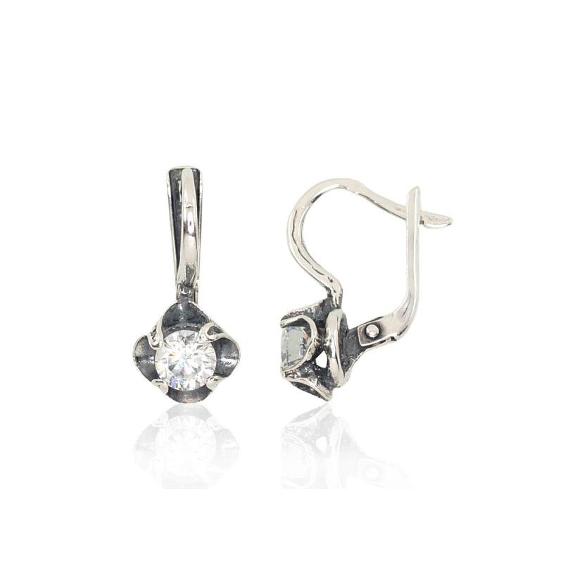 Серебряные серьги на английском замке, Серебро 925°, оксид (покрытие), Цирконы
