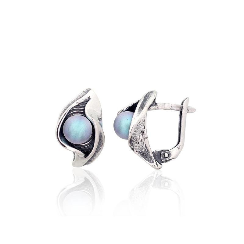 Silver earrings with 'english' lock, Silver 925°, oxide (Plating), Fresh-water Pearl (synt.)