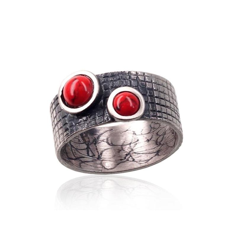 Silver ring, Silver 925°, oxide (Plating), Coral (Imitation)