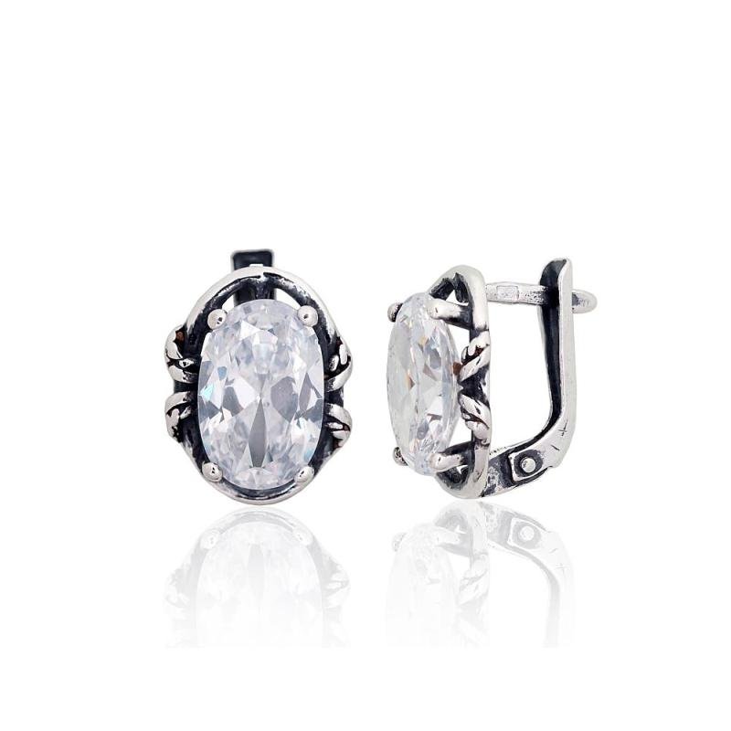 Silver earrings with 'english' lock, Silver 925°, oxide (Plating), Zirkons