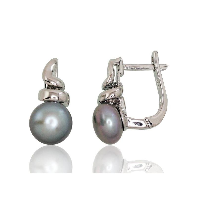 Silver earrings with 'english' lock, Silver 925°, Rhodium (Plating), Fresh-water Pearl
