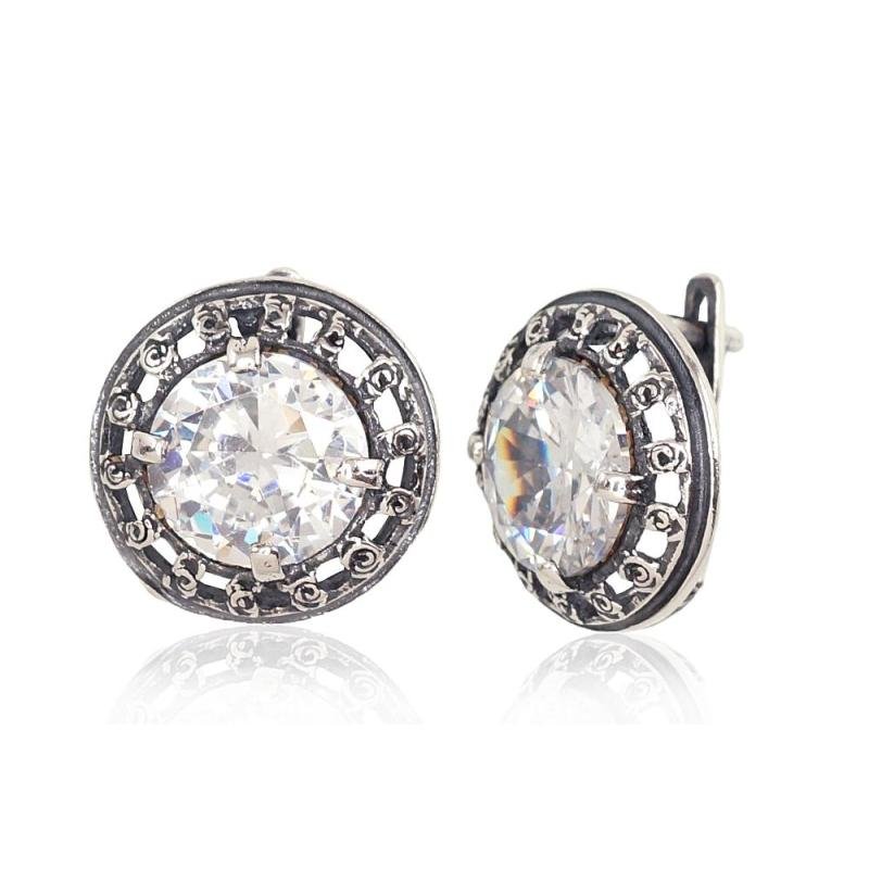 Silver earrings with 'english' lock, Silver 925°, oxide (Plating), Zirkons
