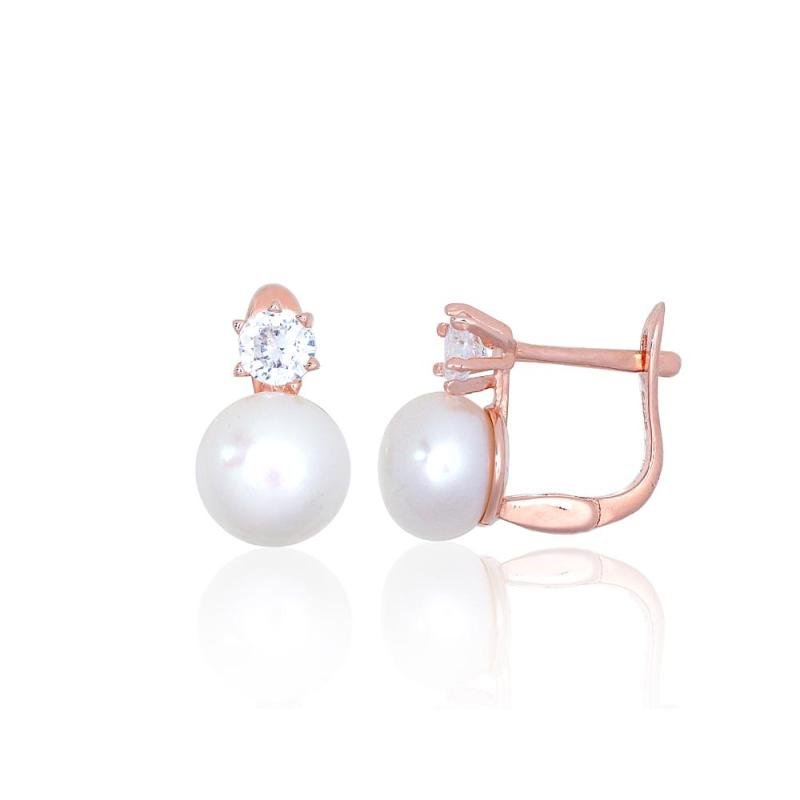 Silver earrings with 'english' lock, Silver 925°, red gold (Plating), Zirkons, Fresh-water Pearl