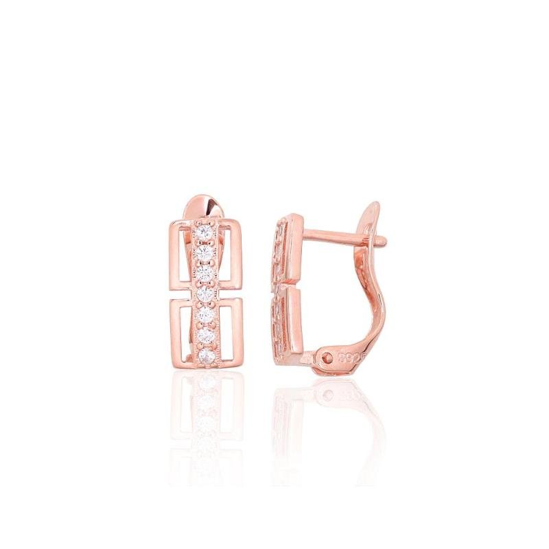 Silver earrings with 'english' lock, Silver 925°, red gold (Plating), Zirkons
