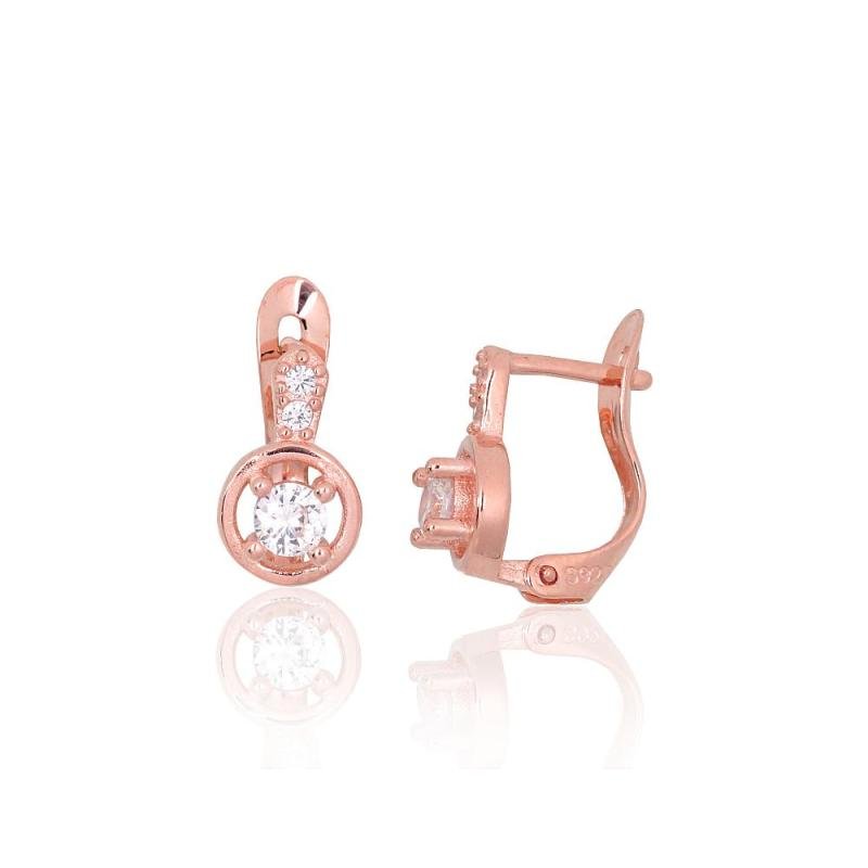 Silver earrings with 'english' lock, Silver 925°, red gold (Plating), Zirkons
