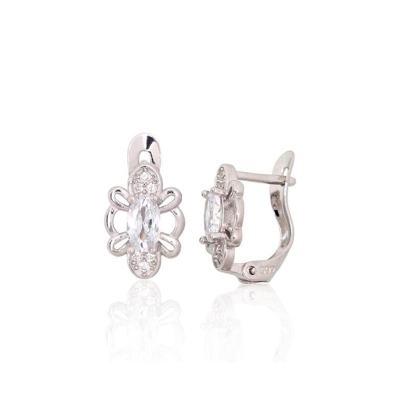 Silver earrings with 'english' lock, Silver 925°, Rhodium (Plating), Zirkons