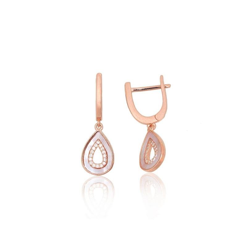 Silver earrings with 'english' lock, Silver 925°, red gold (Plating), Zirkons, Mother-of-pearl