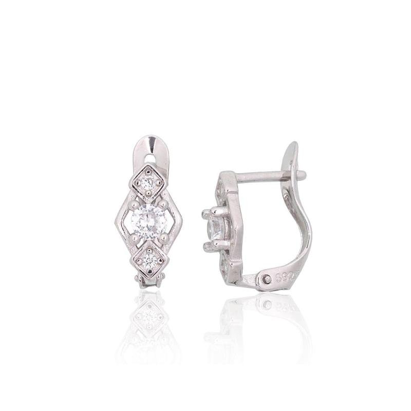Серебряные серьги на английском замке, Серебро 925°, родий (покрытие), Цирконы