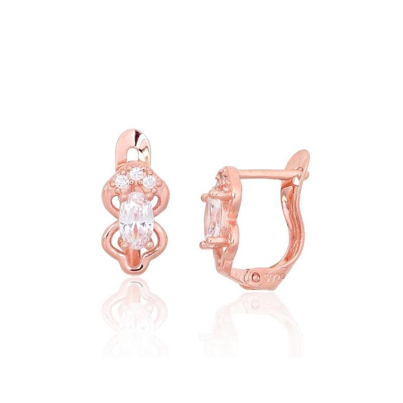 Серебряные серьги на английском замке, Серебро 925°, красное золото (покрытие), Цирконы