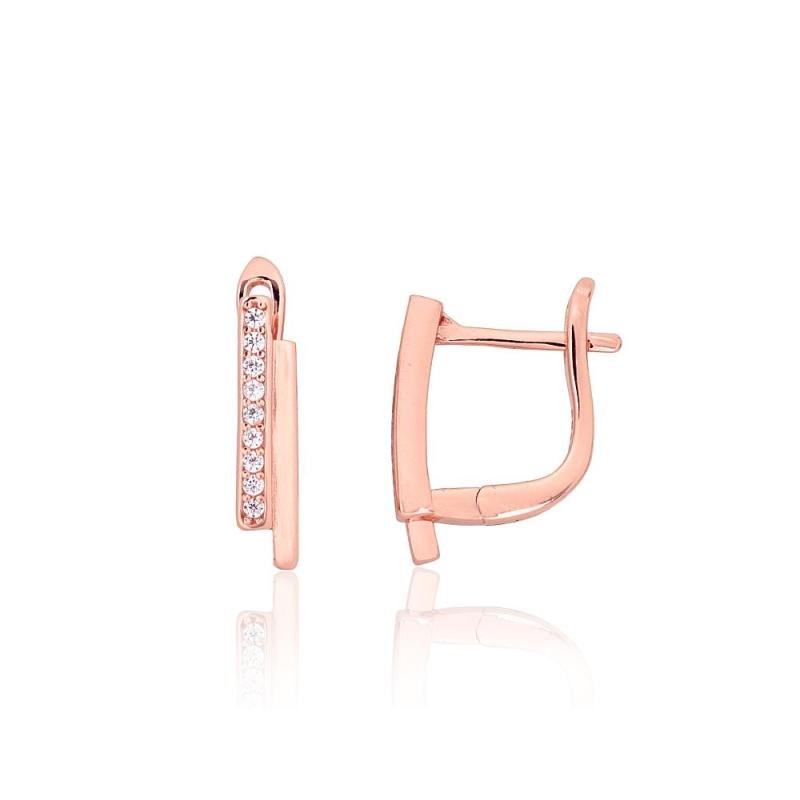 Silver earrings with 'english' lock, Silver 925°, red gold (Plating), Zirkons
