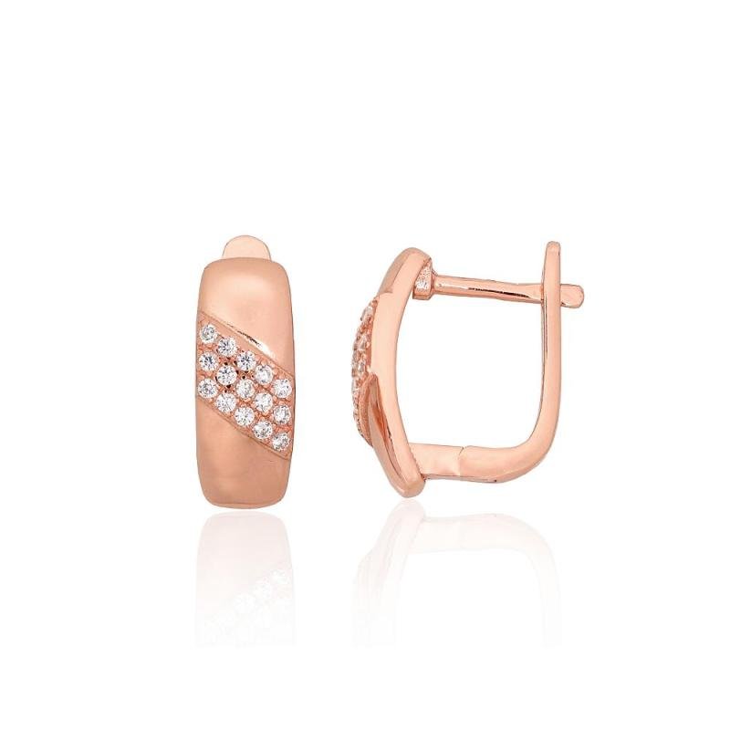 Silver earrings with 'english' lock, Silver 925°, red gold (Plating), Zirkons