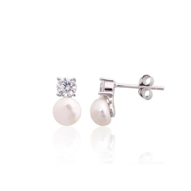 Silver stud earrings, Silver 925°, Rhodium (Plating), Zirkons, Fresh-water Pearl