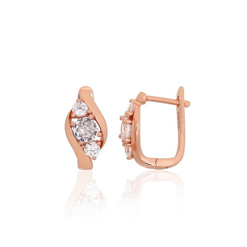 Silver earrings with 'english' lock, Silver 925°, red gold (Plating), Zirkons