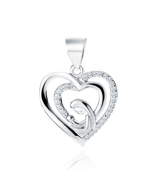 Silver pendant with white zircons, Mother with child in heart
