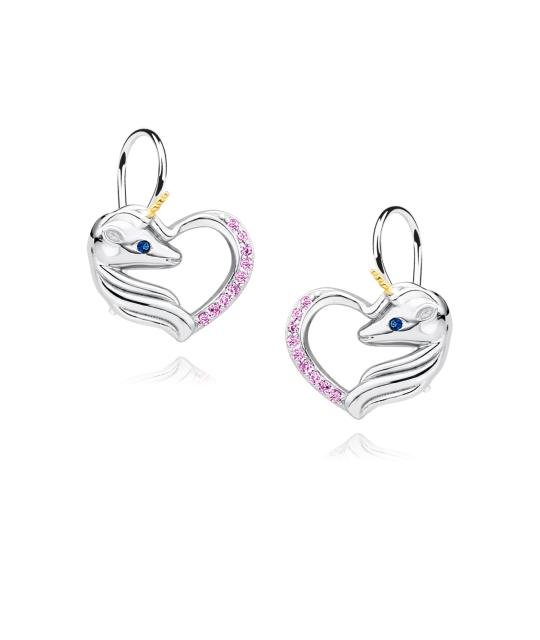 Silver heart earrings, Unicorn