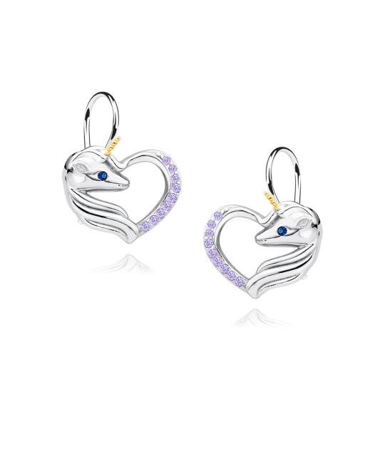 Silver heart earrings, Unicorn