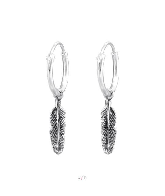 Silver ear hoops, Hanging feather
