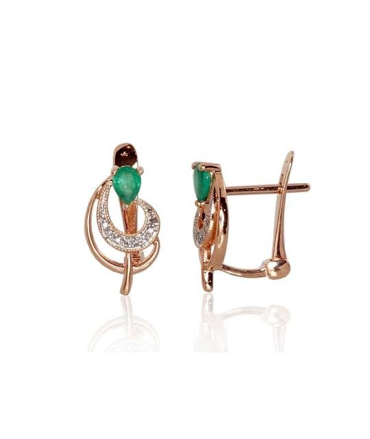 Gold earrings with 'english' lock, Red Gold 585°, Rhodium (Plating), Diamonds, Emerald
