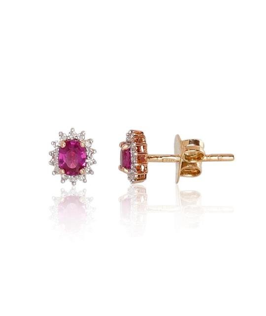 Gold classic studs earrings, Red Gold 585°, Rhodium (Plating), Diamonds, Ruby